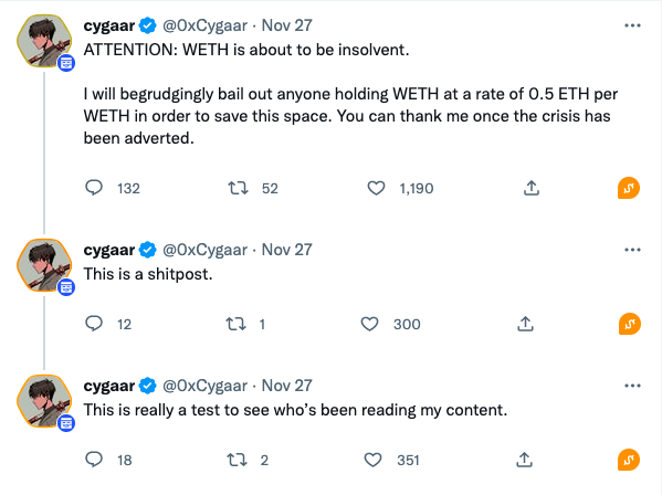 多位大V“玩梗”引起WETH崩盘恐慌闹剧1 多位大V“玩梗”引起WETH崩盘恐慌闹剧1