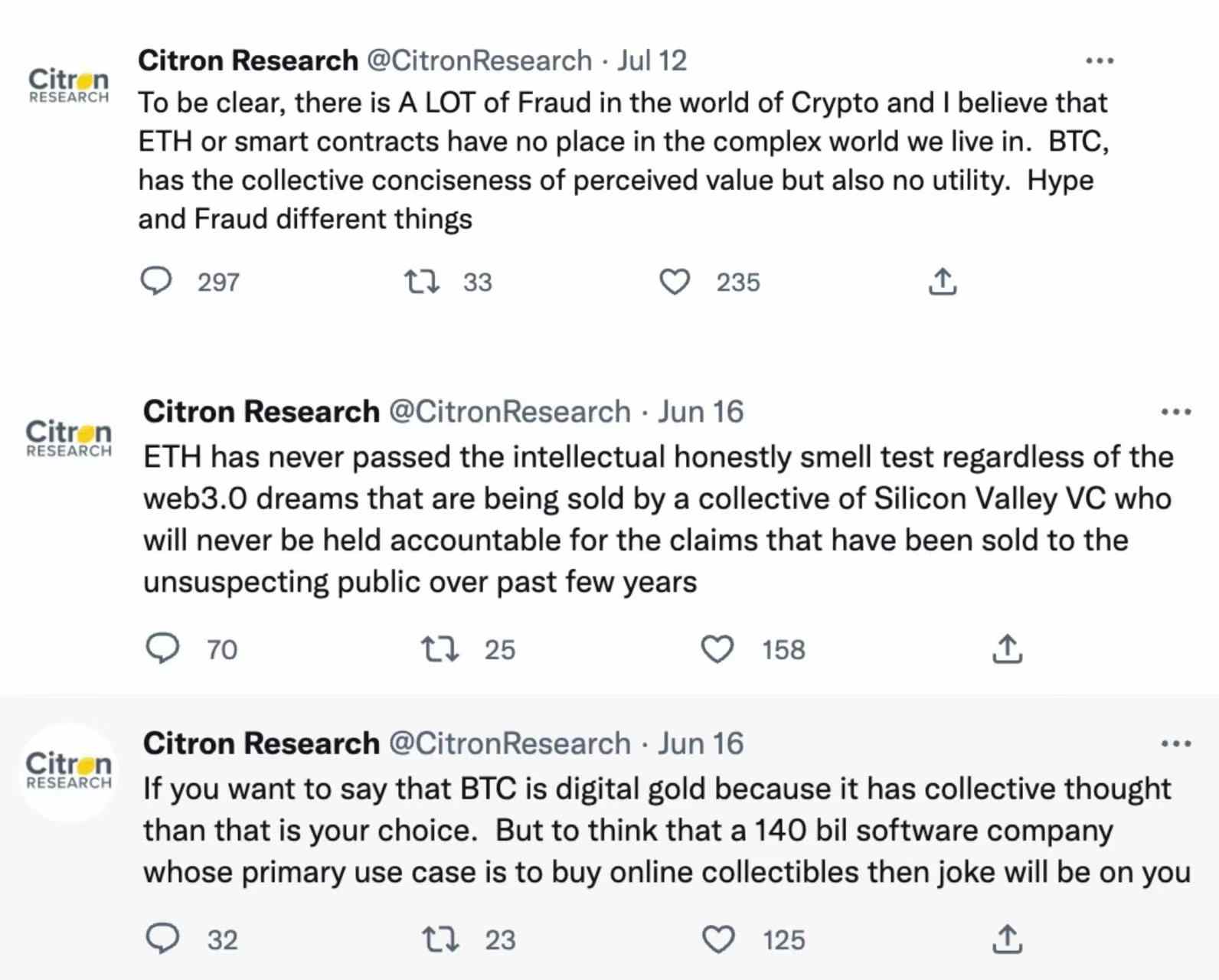 时隔两年 大空头香橼回归宣称继续做空ETH3