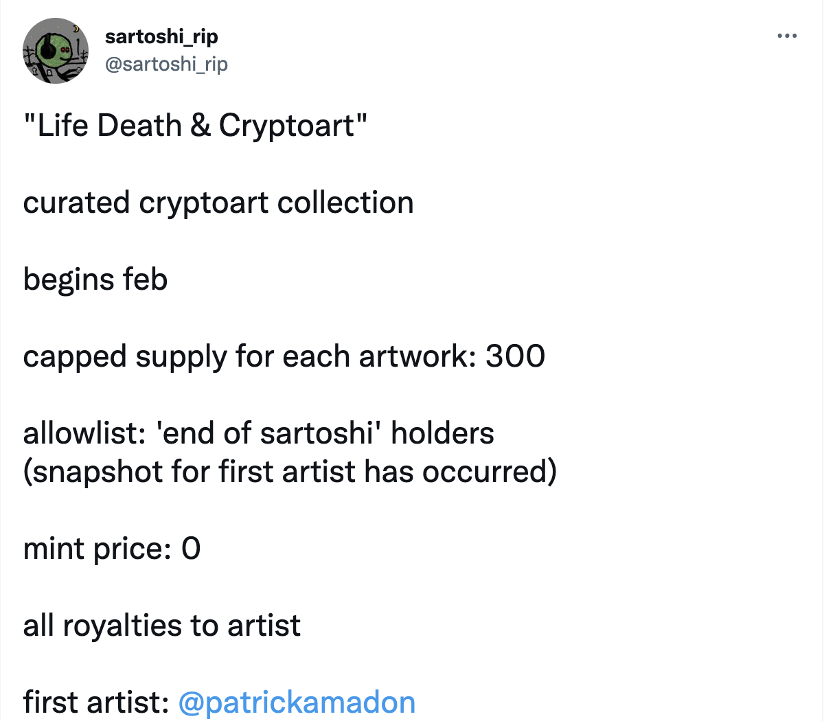 End Of Sartoshi 持有者自 2 月开始将有资格免费铸造“Life Death & Cryptoart”系列