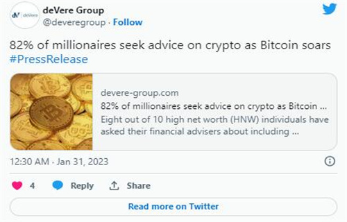 百万富翁涌向加密货币：82%的人在2022年寻求投资建议