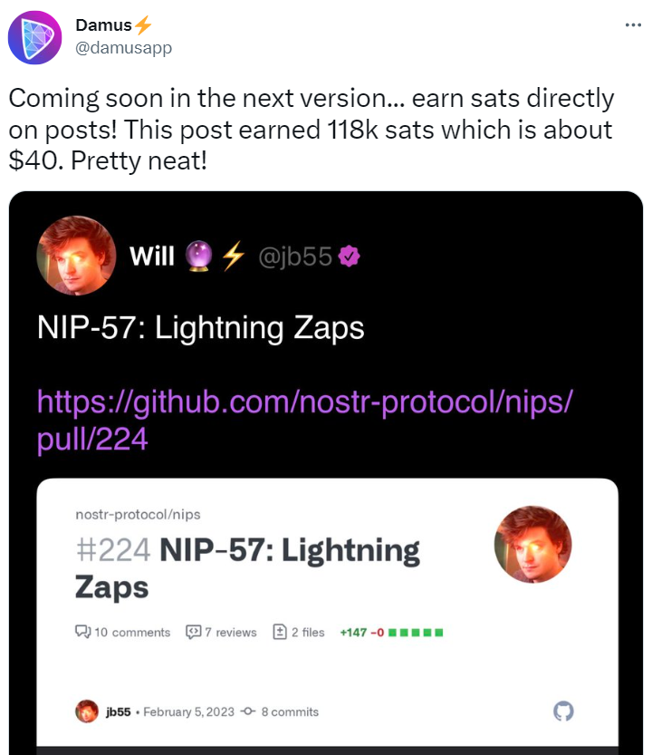 Damus：将在下个版本推出针对帖子进行比特币打赏的功能