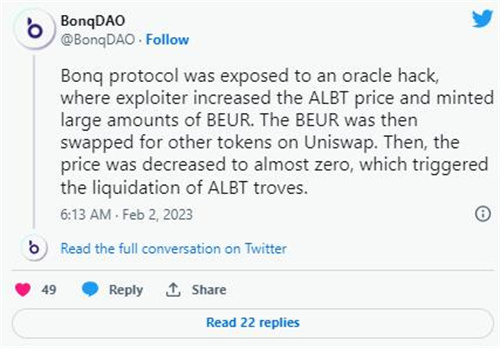 BonqDAO协议在oracle黑客攻击后遭受1.2亿美元的损失