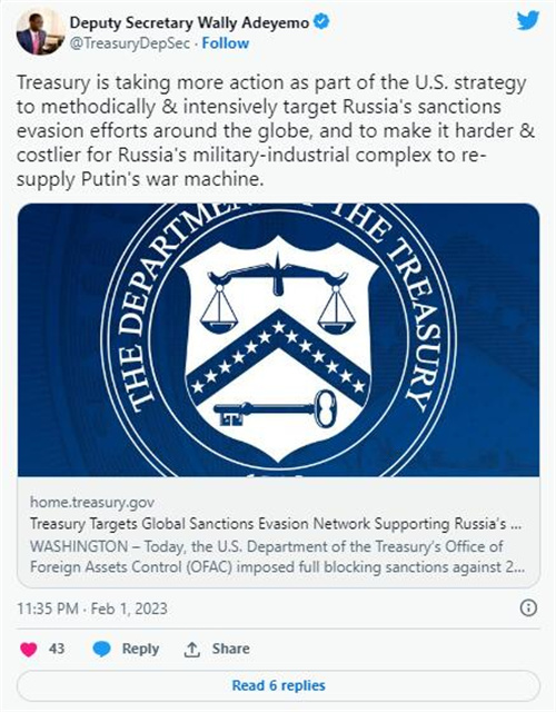 美国财政部列出与俄罗斯逃避制裁组织有关的BTC、ETH地址