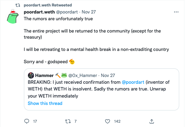多位大V“玩梗”引起WETH崩盘恐慌闹剧