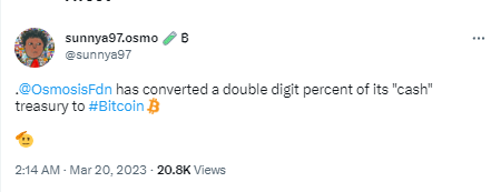 Osmosis基金会已将至少10%财库资产兑换为比特币