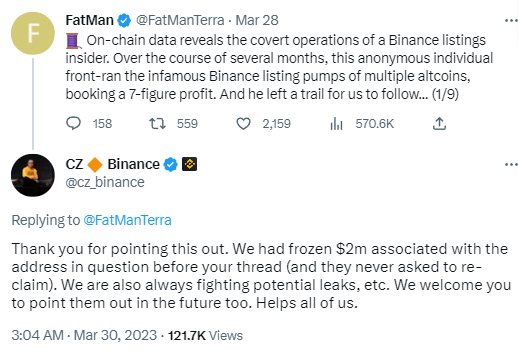 赵长鹏:已冻结代币上线过程中内部人士关联地址的200万美元