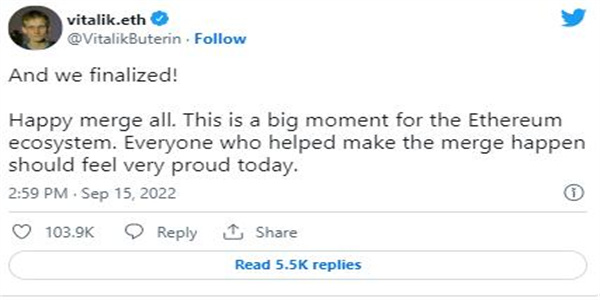 以太坊创始人庆祝成功合并 多年美梦终于实现了
