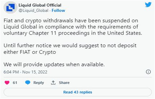 FTX拥有的加密货币交易所 Liquid停止所有提款