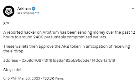 某黑客向2400个私钥泄露地址发送以太坊并授权ARB合约,企图抢先领取ARB空投