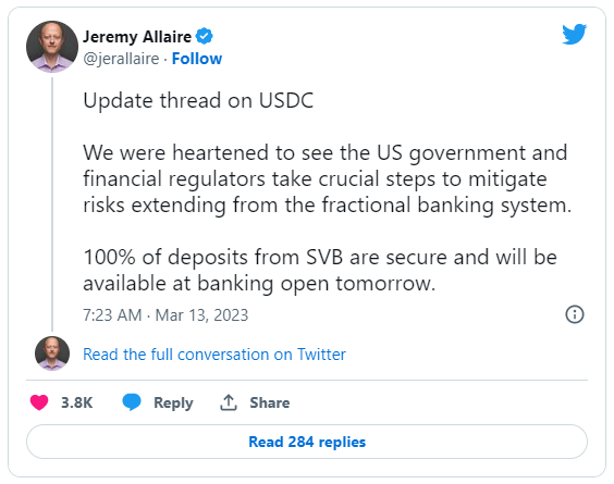 美联储发声后，USDC反弹至1美元