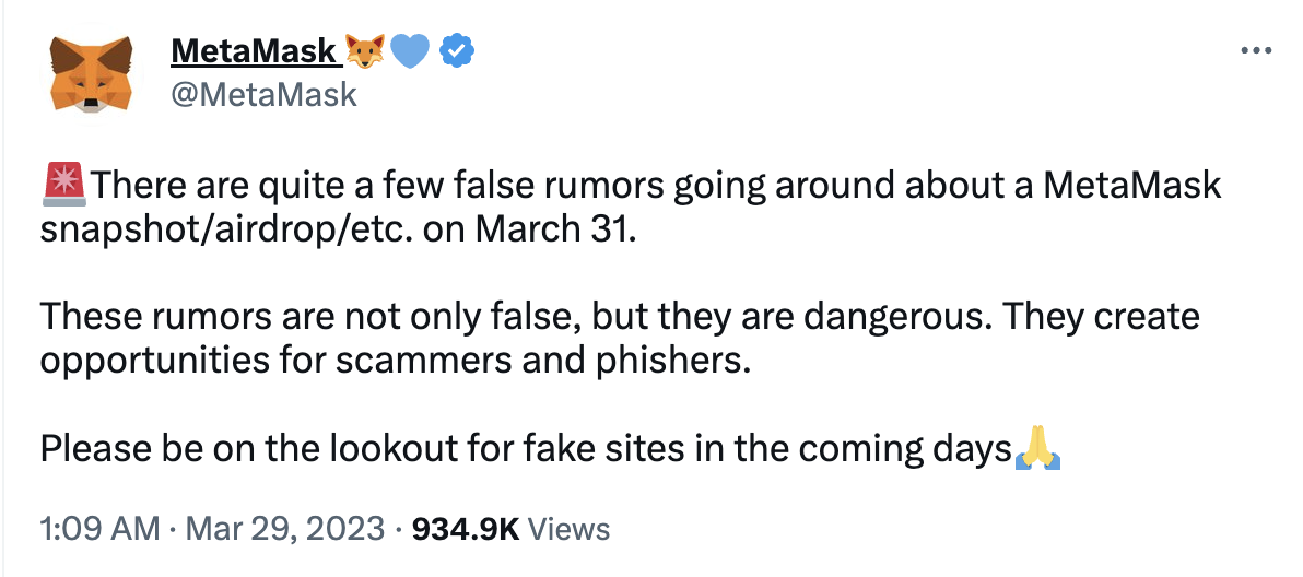 MetaMask 澄清 空投谣言，提醒用户警惕假冒网站