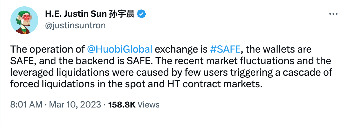 孙宇晨在HT闪崩后安抚市场情绪