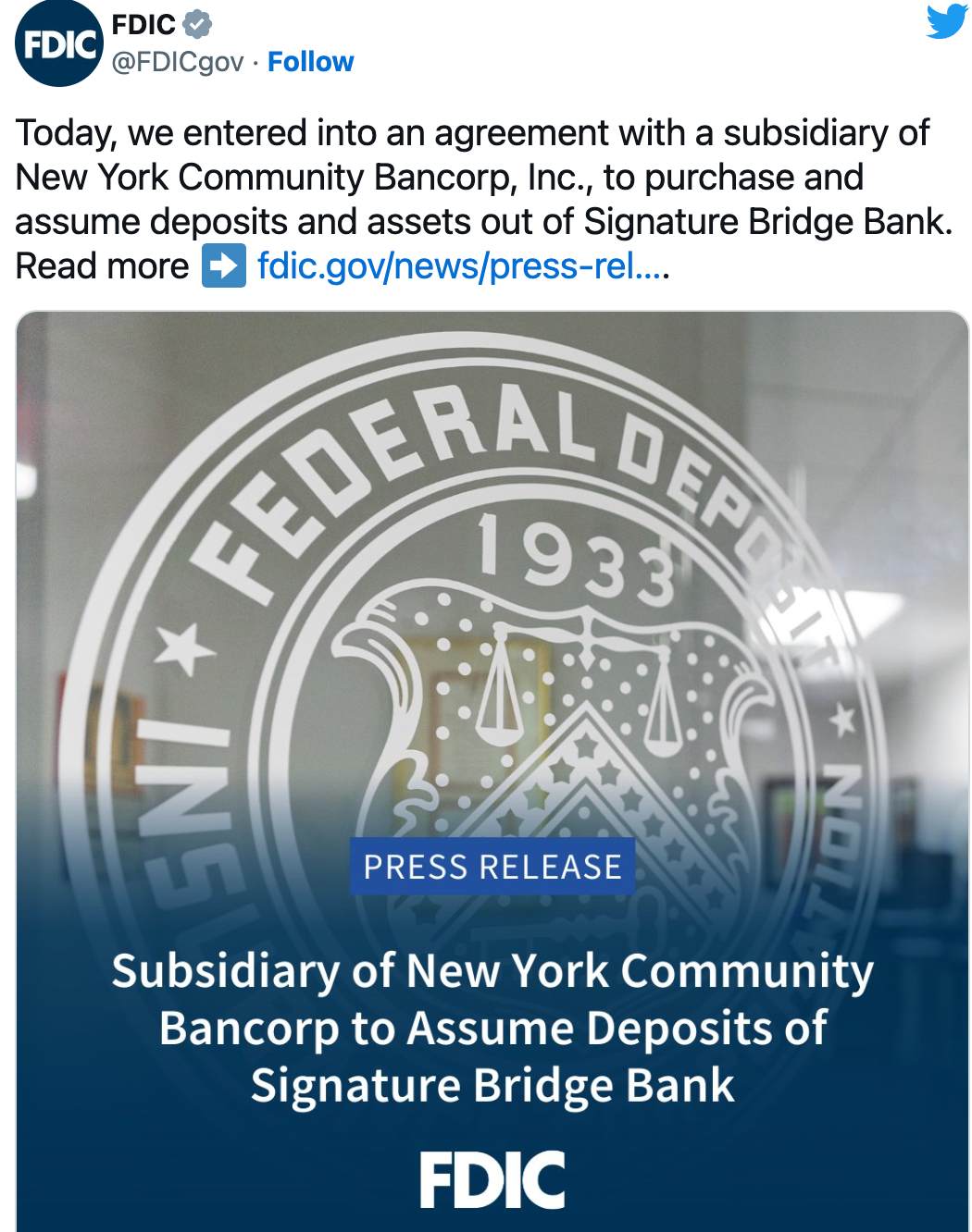 FDIC向旗星银行出售签名银行存款，不包括加密货币的存款