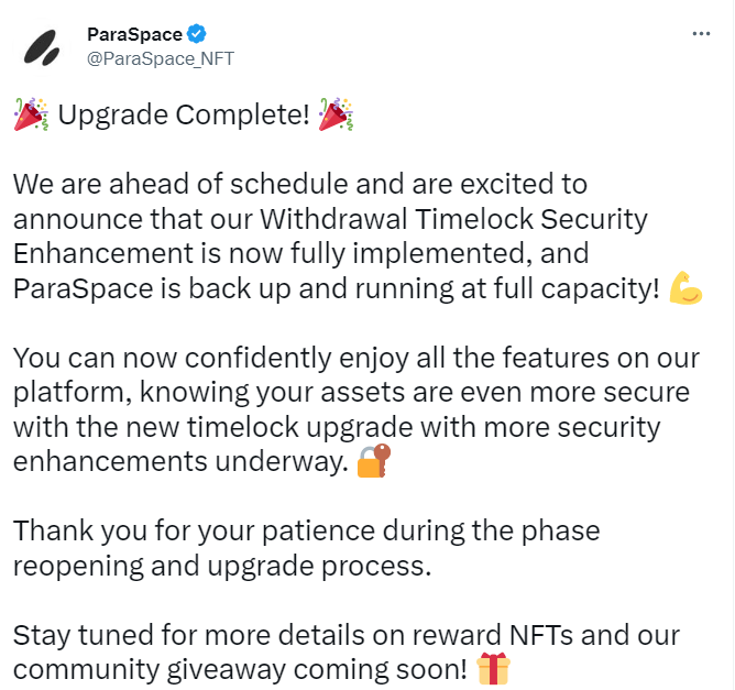 NFT借贷协议ParaSpace完成合约升级，平台所有功能均可正常使用