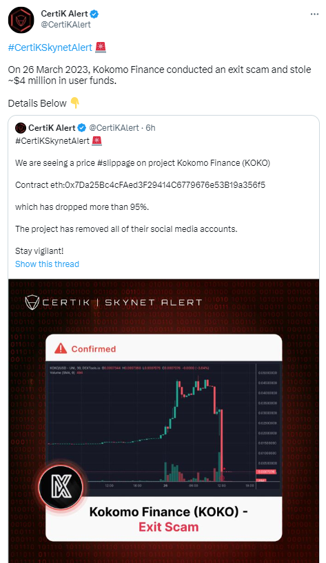 安全公司：Kokomo Finance发生Rug Pull，盗取资金约400万美元