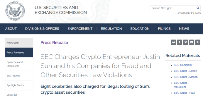 美证监会 SEC 起诉孙宇晨 Justin Sun 的法律逻辑