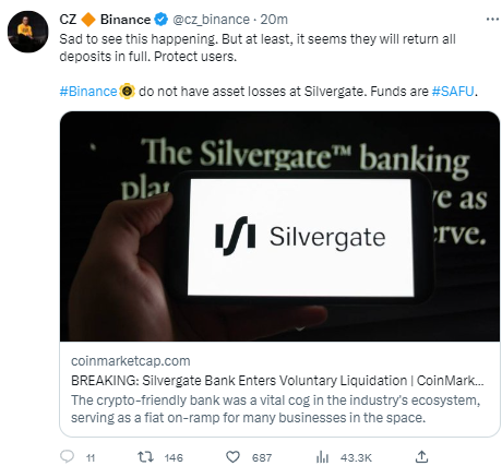 赵长鹏：币安在Silvergate上没有资产损失