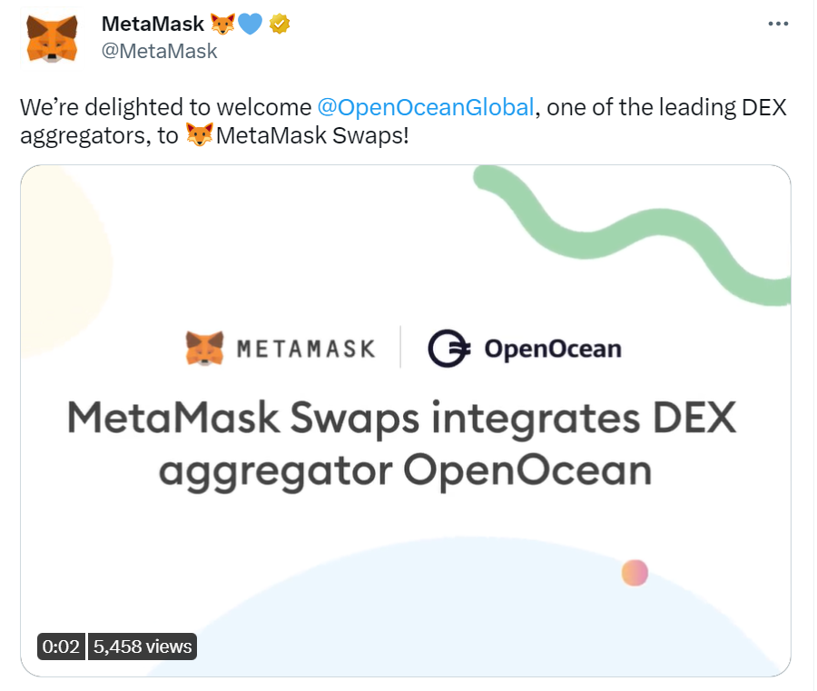 MetaMask Swaps已集成交易聚合协议OpenOcean