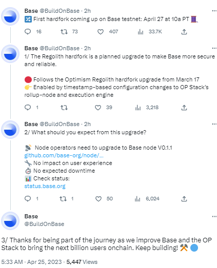 Base Goerli测试网将于4月28日进行Regolith硬分叉升级，将提升安全性