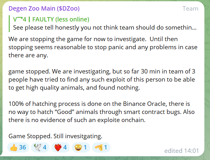 Degen Zoo疑遭黑客攻击，目前团队已暂停游戏并启动调查