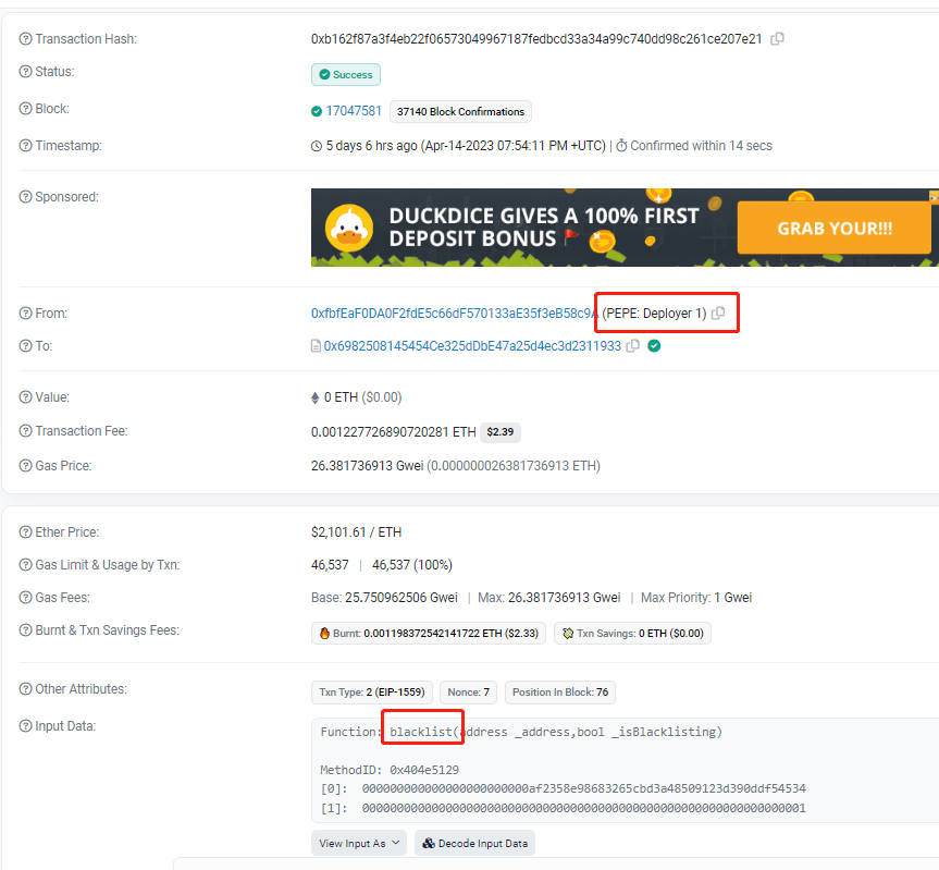 首个购入PEPE的地址已于5天前被开发者列入黑名单