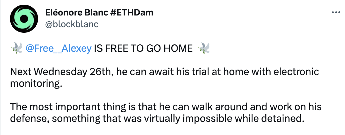 Tornado Cash开发者Alexey Pertsev或已被释放