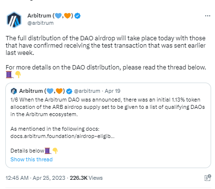 Arbitrum已开始为生态中的DAO全面发放初始ARB分配,共计约1.12亿枚