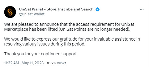 BRC-20交易市场UniSat Marketplace已取消积分访问门槛