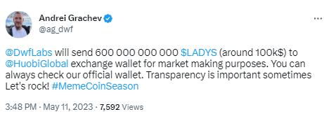 DWF Labs：已向Huobi转入6000亿枚LADYS，将用于做市