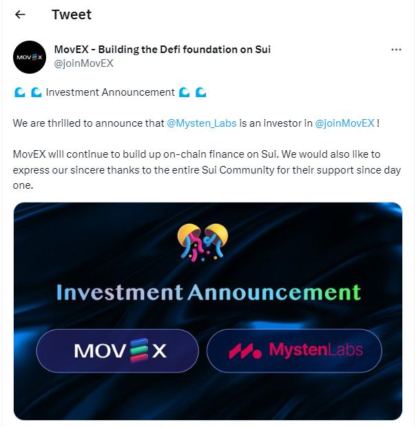 Sui 生态 DEX MovEX 获得 Mysten Labs 投资
