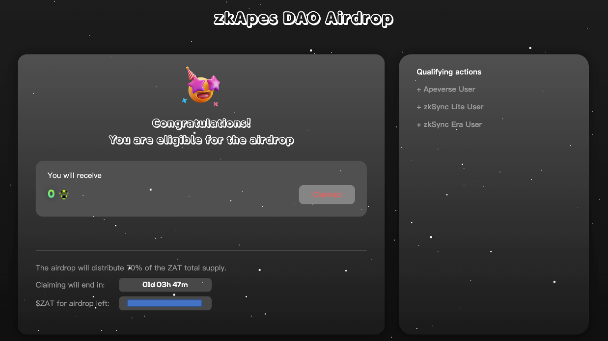 zkSync生态Meme币ZAT爆红、已暴涨超450%！zkApes空投教学