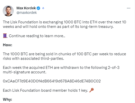 Lisk基金会计划在未来10周内将1000枚BTC兑换为ETH