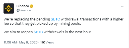 币安计划在一小时内重新开放比特币提现服务