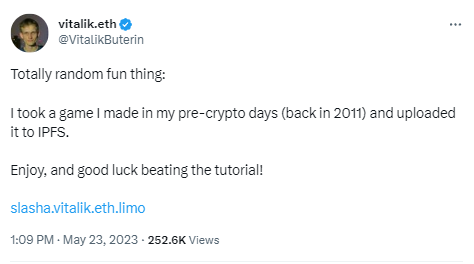V神已将其于2011年制作的某款游戏上传至IPFS