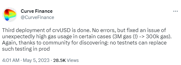 Curve原生稳定币crvUSD完成第三次部署，修复某些情况下高gas使用量问题