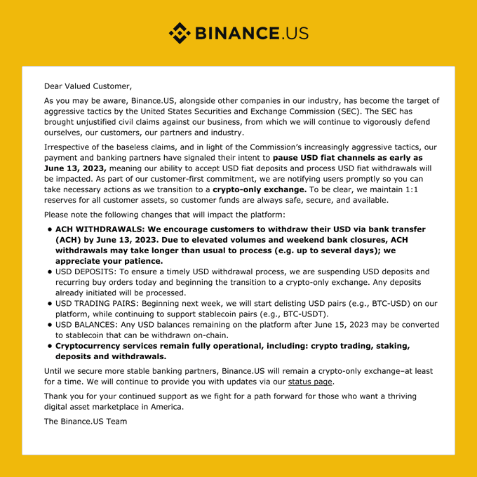 Binance.US暂停美元入金！6/13开始停止美元提款
