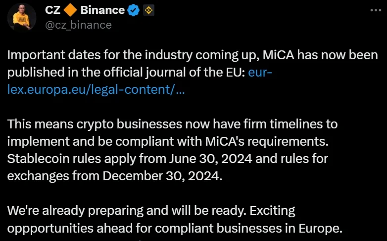 欧盟加密货币新规MiCA正式发布！赵长鹏看好能保护用户、支持创新1