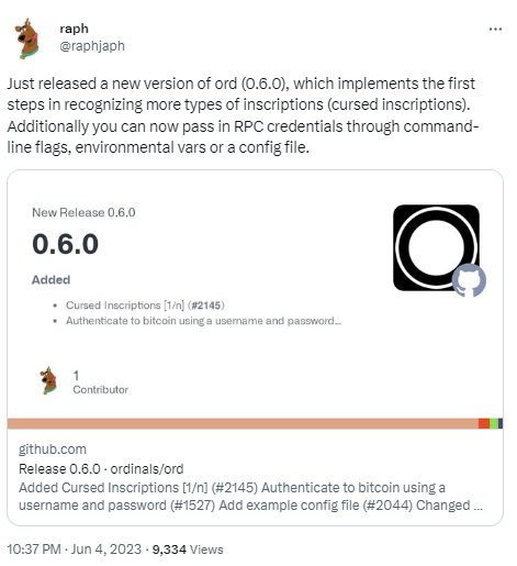 比特币Ordinals协议已上线0.6.0版本，支持名为“诅咒铭文”的负数铭文
