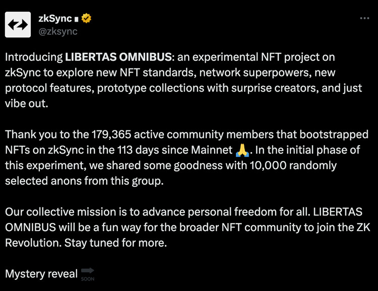 zkSync Era随机空投1万个NFT！地址多为0x0开头 遭社群质疑公平性1