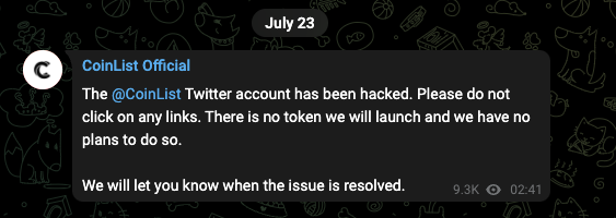 注意！CoinList推特被黑发假空投消息！勿点任何代币链接1
