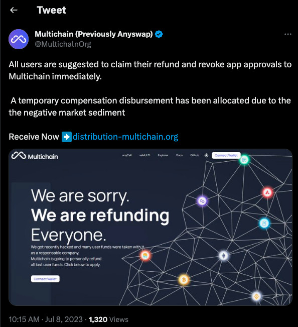 Circle冻结6300万美元受MultiChain影响的USDC!MULTI反涨11%