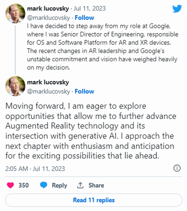 谷歌AR业务唱起“凉凉”？软件团队负责人周一宣布离职