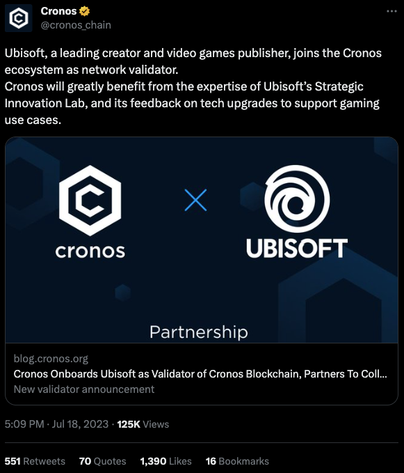 Ubisoft和Crypto.com旗下公链Cronos就链游及GameFi展开合作1 Ubisoft和Crypto.com旗下公链Cronos就链游及GameFi展开合作1