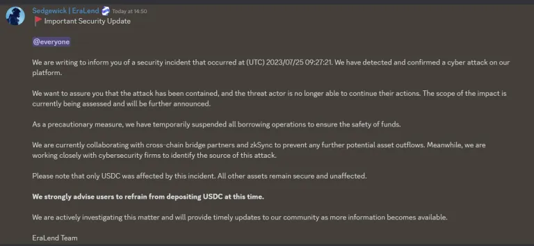 zkSync借贷龙头EraLend遭黑客攻击！官方建议暂不要存入USDC3