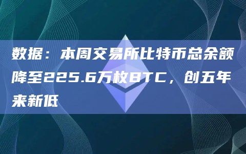 数据:本周交易所比特币总余额降至225.6万枚BTC,创五年来新低