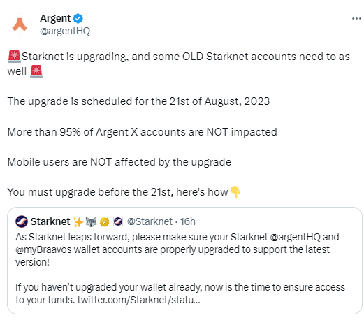 Argent:收到提示的用户需在8月21日前完成升级,否则存在资产遗失风险 Argent:收到提示的用户需在8月21日前完成升级,否则存在资产遗失风险