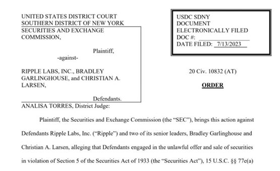 瑞波赢了SEC！法官判XRP不属于证券 币价跳涨36%