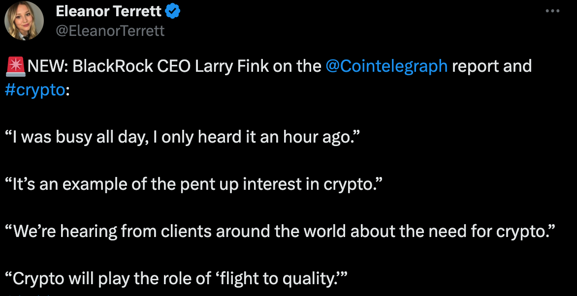 贝莱德、女股神回应：看到全世界加密货币需求 客户兴趣被压抑