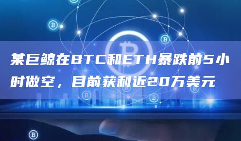 某巨鲸在BTC和ETH暴跌前5小时做空，目前获利近20万美元