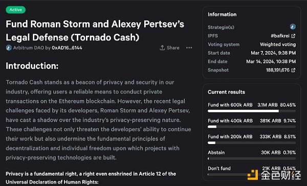 Arbitrum DAO删除了为Tornado Cash开发者的法律账单提供资金的提议